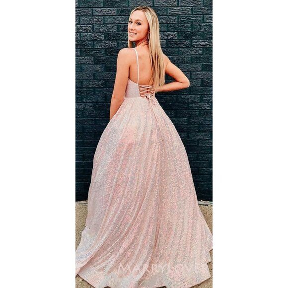 B.Smart  Sequin Spaghetti Strap Formal Gown Light Pink/Iridescent - Picture 3 of 12